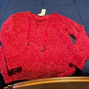 Simply Noelle Red V-Neck Sweater with Textured Knit and Adjustable Neckline